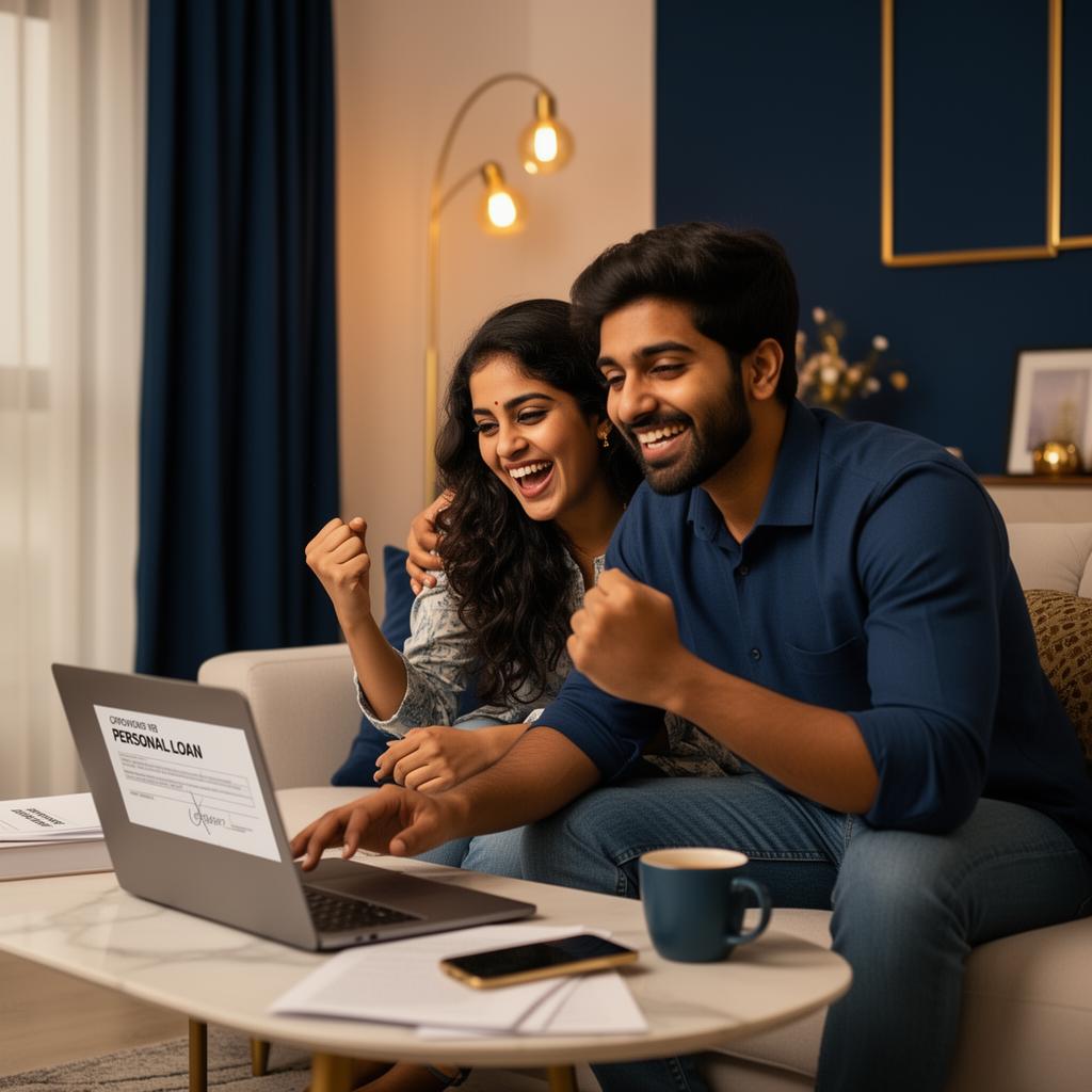 Indian couple celebrating personal loan approval at home